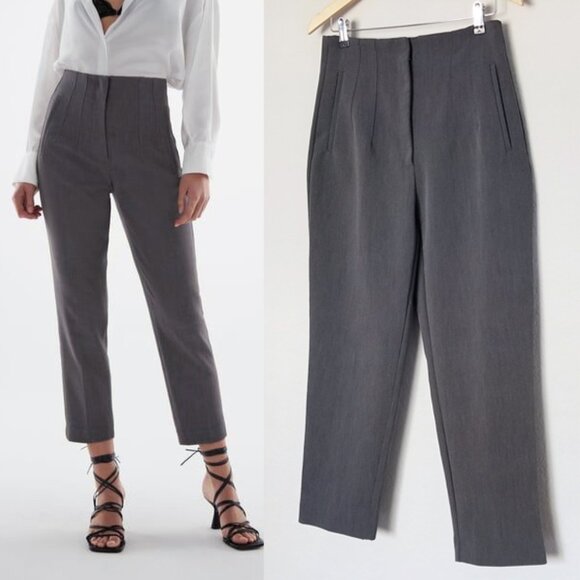 Zara High Waist Trouser Pants Size L Gray Tapered Leg Ankle Work Office Preppy - Picture 1 of 15